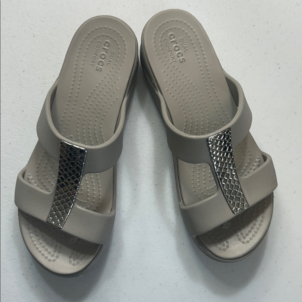 CROCS Gray Slide Sandals with Silver Accents Size 7